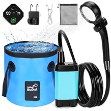 Portable Shower for Camping with 20L / 5.28 Gallons Foldable Bucket, 7800mAh Rechargeable Shower Pump, Outdoor Shower Kit with Digital Display for Hiking, Travel, Car, Pet