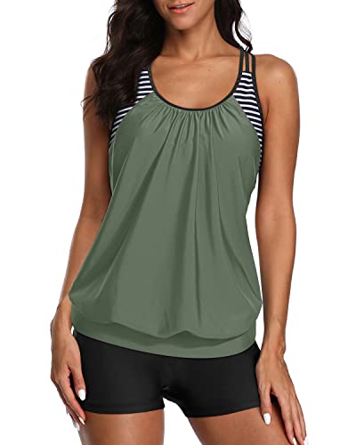 Yonique Two Piece Tankini Bathing Suits T-Back Blouson Swim Tops With Boy Shorts Women Swimsuits Sporty Swimwear Army Green And Stripes L thumb #2