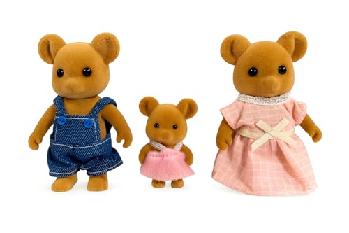 OLEOCA Family Brown Mouse Figures — Set of 3 Collectible Flocked Mini Dolls with Removable Clothes, Miniature Dollhouse Pretend Play Figures for...