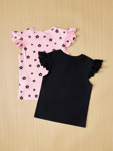 OYOANGLE Girl's 2 Pack Floral Print Ruffle Cap Sleeve Crop Top Crew Neck Crop Tee Top2