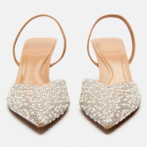 Women's Clear Slingback Heels with Pearl Studded Pointed Toe Stiletto High Heels Back Strap with Elastic Sparkly Rhinestone Slip On Wedding Work Party Pump Shoes4