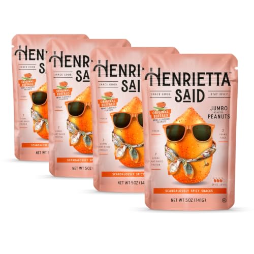 Image of Henrietta Said Wing-Flavored Peanuts - Truly Good Foods Snacking Nuts - Bold Flavors - Savory & Spicy - Jumbo Flavored Peanuts - Protein Packed Vegan Snack - 4 (5-oz) Packs - Original Buffalo