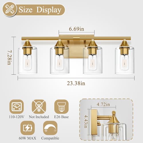 Image of Brushed Gold Vanity Light,4 Light Gold Bathroom Light Fixtures,Bathroom Lights Over Mirror with Clear Glass Shade,Modern Wall Lighting for Mirror Bedroom Vanity Hallway