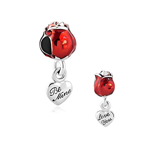 Abalorio de corazón Be Mine compatible con pulsera Pandora dije de rosa roja para mujer