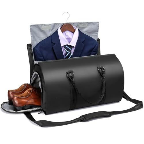 Garment Duffle Bags for Travel, OEIPSMK Convertible Carry on Leather Garment Bag for Men Women, 2 in 1 Waterproof Weekender Suit Travel Bags with Shoe Compartment for Traveling & Business Trips, Black4