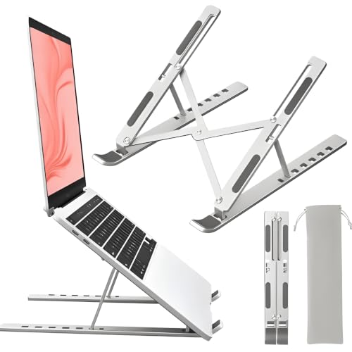 Image of STAR WORK Foldable Adjustable Laptop Stand for Desk, Aluminum Ergonomic Riser with 7 Height Levels, Portable & Lightweight, Anti-Slip Silicone Pads, Fits 10-17.3 inch Laptops, Tablets & Phones.