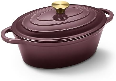 Deep purple enamelled oval cast iron casserole with a domed lid