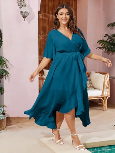 Image of SCOMCHIC Women Plus Size Maxi Dress Short Sleeve Wrap V Neck High Low Split Ruffle Long Dress
