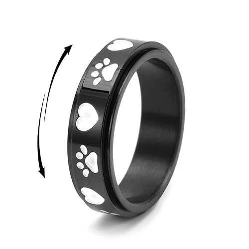 Lovely Dogs Paw Print Fidget Ring Stress Relieving Anti Spinner Rotate Freely Cute Animal Black Stainless Steel Promise Wedding Jewelry Birthday Gift for Women Men Boredom ADHD Autism Anxiety Bands - 8