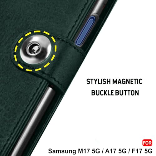Image of TheGiftKart Flip Cover Back Case for Samsung Galaxy M17 5G / A17 5G / F17 5G | Genuine Leather Finish | Designer Button | Inbuilt Pockets & Stand | Flip Cover Back Cover Case (Faux Leather, Green)