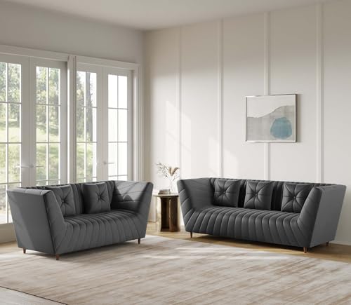 Image of Amazon Brand - Solimo Corell Tufted Velvet Fabric 3+2 Seater Sofa for Living Room Furniture (Grey)|3 Year Warranty