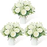 Wedding Table Dining Centerpiece Set of 3 - Small Artificial Floral Arrangements 6 Pcs Silk Rose Bouquets and 3 Pcs Metal Pot Silk Flowers in Vase for Wedding Party Home Kitchen Bathroom Décor, Ivory