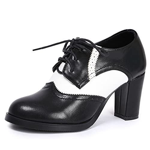 Odema Womens PU Leather Oxfords Wingtip Lace up Dress Shoes High Heels Pumps Black/White