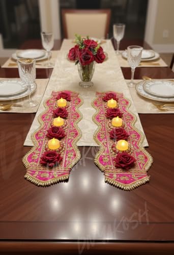 Image of Divyakosh Traditional Lotus Design Table Runner - Set of 2, with Led Tea Light, Red Floral Pattern, 21 x 6 Inch