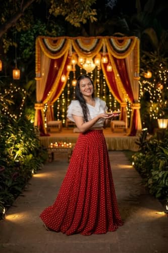 Image of Women's Lycra Top with Georgette Skirt | Polka Dot Print Long Flared Maxi | Full Length Flowy Skirt for Women | Stylish Casual Wear