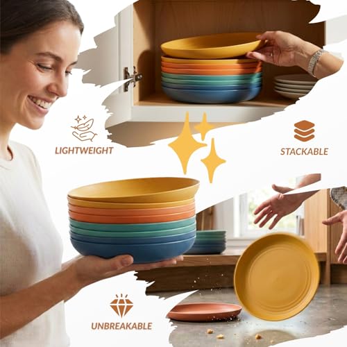 Image of Homienly Deep Dessert Plates Unbreakable Wheat Straw Dinner Plates 8 PCS Microwave & Dishwasher Safe Plates Sets for Kitchen, Camping, Reusable Plastic Plates for Kids, Appetizer (Colorful, 8 inch)