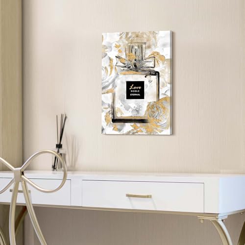Image of HILL WEST Perfume Bottle Canvas Wall Art - Fashion Picture Elegant Gold Floral Painting Contemporary Prints Glam Modern Artwork for Girls Makeup Room Bedroom