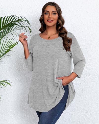 3 Pack Plus Size 3/4 Sleeve Tunics Tops for Curvy Women, Loose Fit Casual Comfy Swing Flare T-shirts for Leggings3