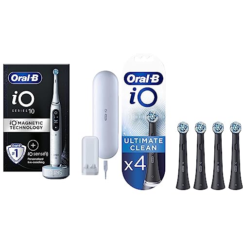 Oral-B iO10 Electric Toothbrush, Gifts for Women/Men, 1 Handle, 1 Ultimate Clean Toothbrush Head White & iO Ultimate Clean Electric Toothbrush Head, Twisted & Angled Bristles Pack of 4, Black
