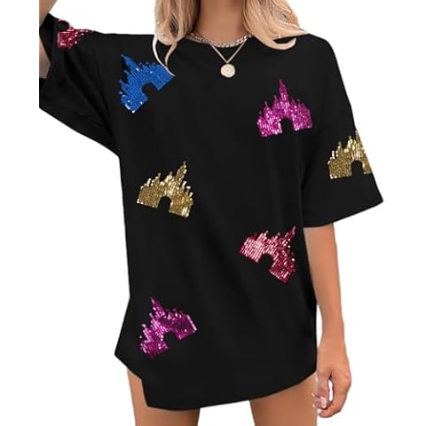 Magic Kingdom Shirts for Women Sequin Top Colorful Castle Graphic Tshirt Holiday Vacation Shirt Funny Cute Tee Tops Cover