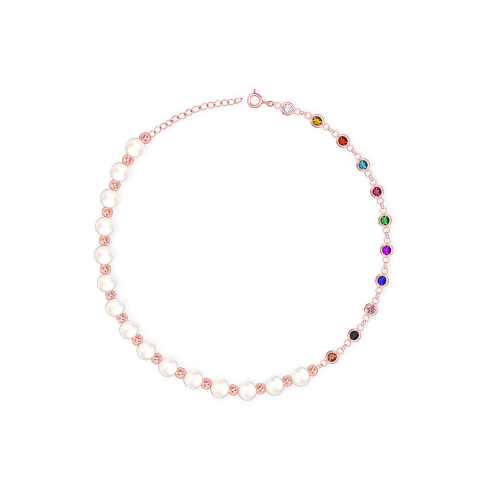 Silver Harmony Pearl & Stone Anklet | Pearl and CZ Beaded Anklet for Girls | Adjustable Design for a Comfortable Fit | Stylish product with Rose Gold Finish | Hypoallergenic & Tarnish-image-1