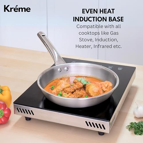 Image of Kreme Platina Triply Stainless Steel Frying Pan - 1.85 L, 24 cm | 2.5 mm Thick Tri ply Cookware | Heavy-Bottom Frypan for Healthy, Low-Oil Cooking | Induction and Gas Compatible | Scratch Resistant