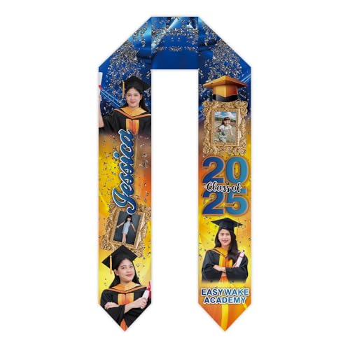 GUGLILI Custom Photo Graduation Stole Class Of 2025 Personalized Sash Graduation Gifts Unisex Golden Blue