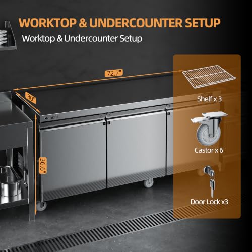 Image of Coolski Commercial Freezer, 72 inchW 3 Door Under Counter Freezer with 20.9 Cu.ft., -13℉to -5℉ Stainless Steel Fan Cooling Worktop Freezer for Restaurant, Bar, Kitchen, Food Truck