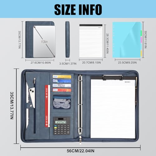 Image of Eshow Portfolio Organizer - 3 Ring Binder with Zipper, Vegan Leather Business Padfolio Folder with Notepad Includes 5 Color Sheet Protectors for Documents Files for Men Women