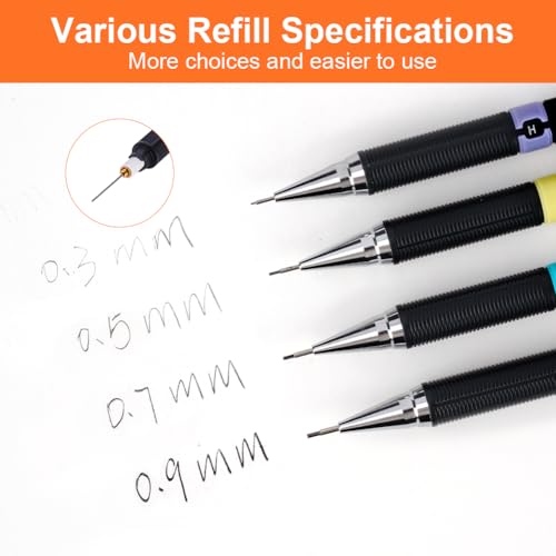APXEL 4 szt. Ołówek mechaniczny 0,3, 0,5, 0,7, 0,9 mm, z 4 pudełkami do wkładów mechanicznych, nadaje się do pisania, rysowania, szkicowania