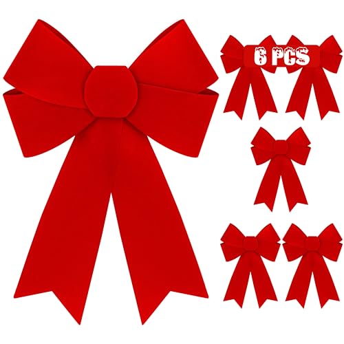 6 PCS Christmas Decorations, 9 x 12 Inches Large Christmas Bows, Red Velvet PVC Hanging XmasTree Decorations Indoor Outdoor Xmas Decor for Home Party Wreath Fence Fireplace Stairs Railing Door