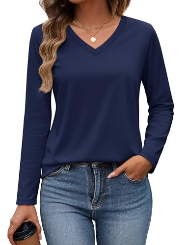 YUCOLEN Womens Long Sleeve Shirts V Neck Cotton T-Shirt Tops Solid Color Casual Breathable Basic Tee Tshirt