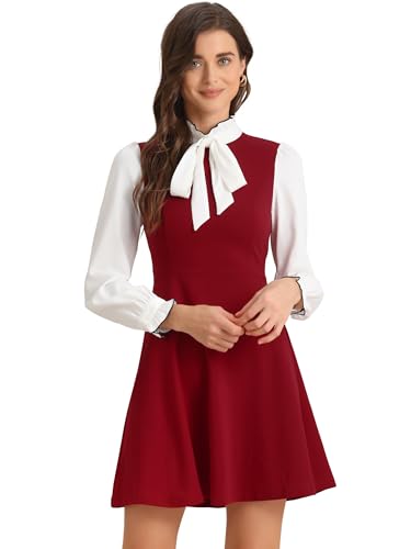 Image of Allegra K Tie Neck Dresses for Women's 1960s Vintage Long Sleeve Contrast Color Dress