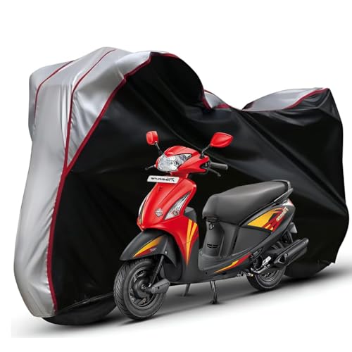 Image of Waterproof Bike Body Cover Compatible with Hero Pleasure Dustproof Scratchproof - Motorcycle Cover for Two Wheeler, Outdoor Full Cover with UV, Duty, Rain Protection (Black Top Silver)