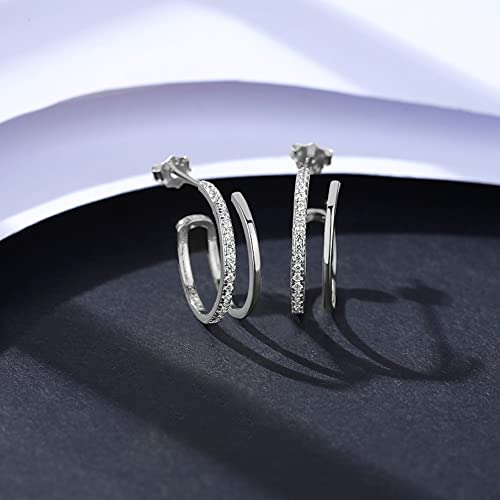 925 Sterling Silver 18K Gold Plated Faux Double Hoop Hidden Stud Earrings with Cubic Zirconia, Nickle Free Hypoallergenic for Sensitive Skin3