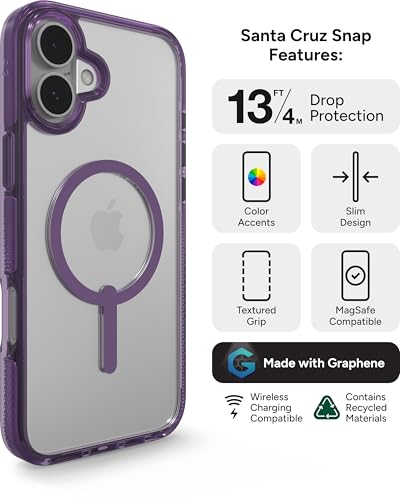 Image of ZAGG Santa Cruz Snap with Kickstand Case for iPhone 16 Plus - MagSafe Compatible, 13ft Military-Grade Drop Protection, Reinforced with Graphene, Slim Clear Case with Color Accents, Hyacinth Purple