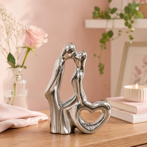 Image of Amazon Basics Serene Abstract Couple Figurine for Home & Office Decor | Modern Ceramic Love Sculpture Showpiece for Living Room, Shelf, Study Table & Bedroom Styling (Silver, 7 cm)