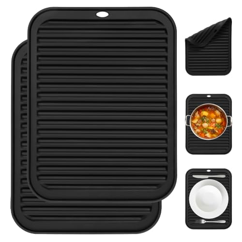 NUTKIT 2 Sottopentola Silicone, 30 x 23 cm Presine da Cucina, Antiscivolo, Resistenti al Calore, Resistenti al Calore, Tappetino Resistente al Calore per Padelle Teiere Ciotole - Nero