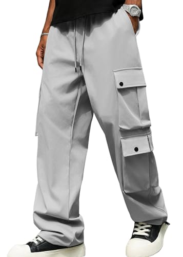 ZAFUL Work Cargo Pants for Men Casual Wide Leg Joggers Stretch Sweatpants Hip Hop Fashion Clothing for Travel (Light Gray-2 XL)