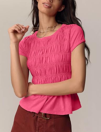 Shiyifa Womens Peplum Babydoll Tops Smocked Ruched Crew Neck Cap Sleeve Tee2