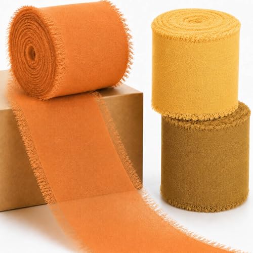 Yellow Orange Chiffon Ribbon, 3 Rolls 1.5 inch x 16.5 Yard Handmade Fringe Chiffon Ribbons, Frayed Edge Silk Ribbon for Gift Wrapping, Wedding Invitations, Bridal Bouquets, DIY Crafts and Home Decor