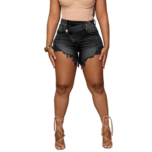 PINSV Women's High Waisted Crossover Jean Shorts Ripped Raw Hem Summer Hot Denim Shorts Black Gray L