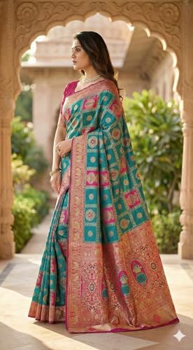Image of C J Enterprise Women's Kanjivaram Silk Saree Woven Patola Banarasi Soft Sarees Zari With Blouse Piece (Hathi Patola)
