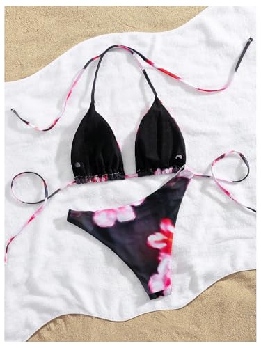 MakeMeChic Women's 2 Piece Bikini Sets Floral Halter Tie Back Ruched High Cut Beach Swimsuit2