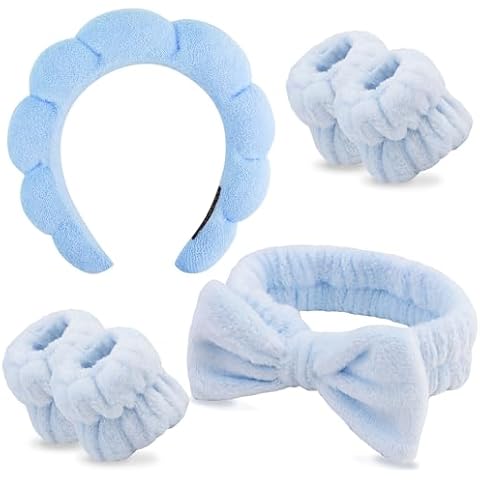 Chanaco Hairband, Soft & Comfortable Microfiber Facial Headband for Washing Face, Skincare Headband with Bow, Spa Headbands for Women, Teen Girl Gifts, Set of 2 Headbands and 4 Wristbands Cover