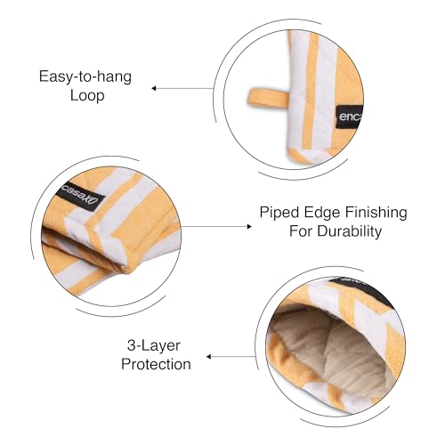Image of Encasa XO Oven Gloves for Microwave (2 pc Set) - Heat Proof, Thick & Safe | Longer 18x30 cm Mittens for Protection in Kitchen Cooking & Baking - Franca Yellow Stripes