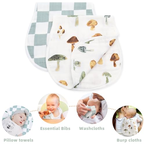Image of LifeTree Muslin Baby Burp Cloths - 2 Pack 70% Viscose from Bamboo and 30% Cotton Large 22'' by 10.6'' Absorbent Milk Spit Up Rags - Burping Cloths for Newborn, Girls Boys, Mushroom and Green Checkered