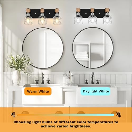 Image of FadimiKoo 3-Light Wood Bathroom Light Fixtures Over Mirror, Rustic Black Silver Famhourse Sconces Wall Decor with Elegant Metal Lampshade for Living Room, Bedroom, Porch
