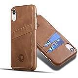 LUCKYCOIN Genuine Leather Case with Card Holder for iPhone XR 6.1in,Wallet Case with Metal Buttons,Dark Brown