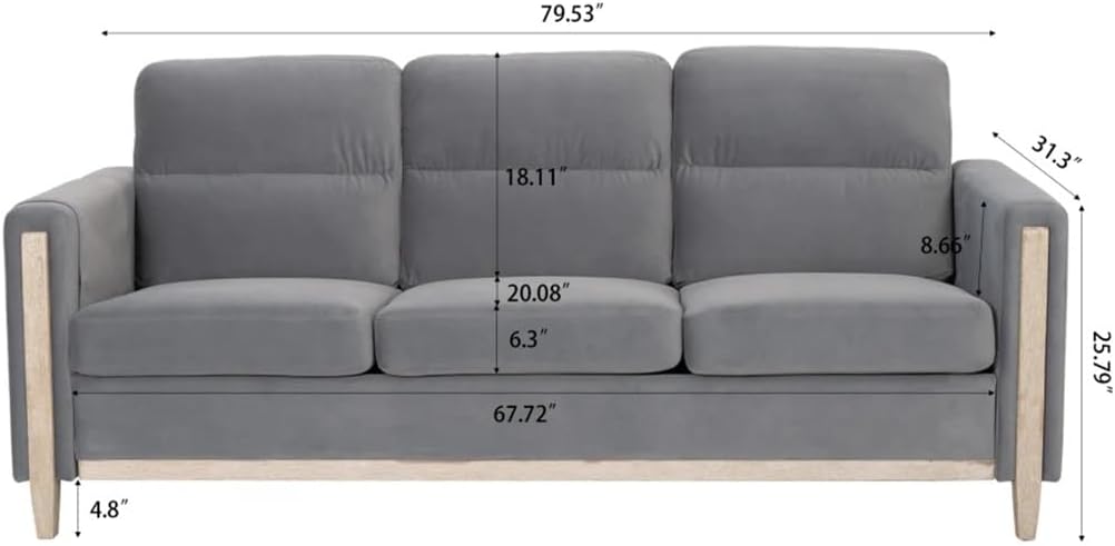 Solid Wood Three-Seater Sofa - Soft Cushions, and Long-Lasting,79.5" Couch for Living Room